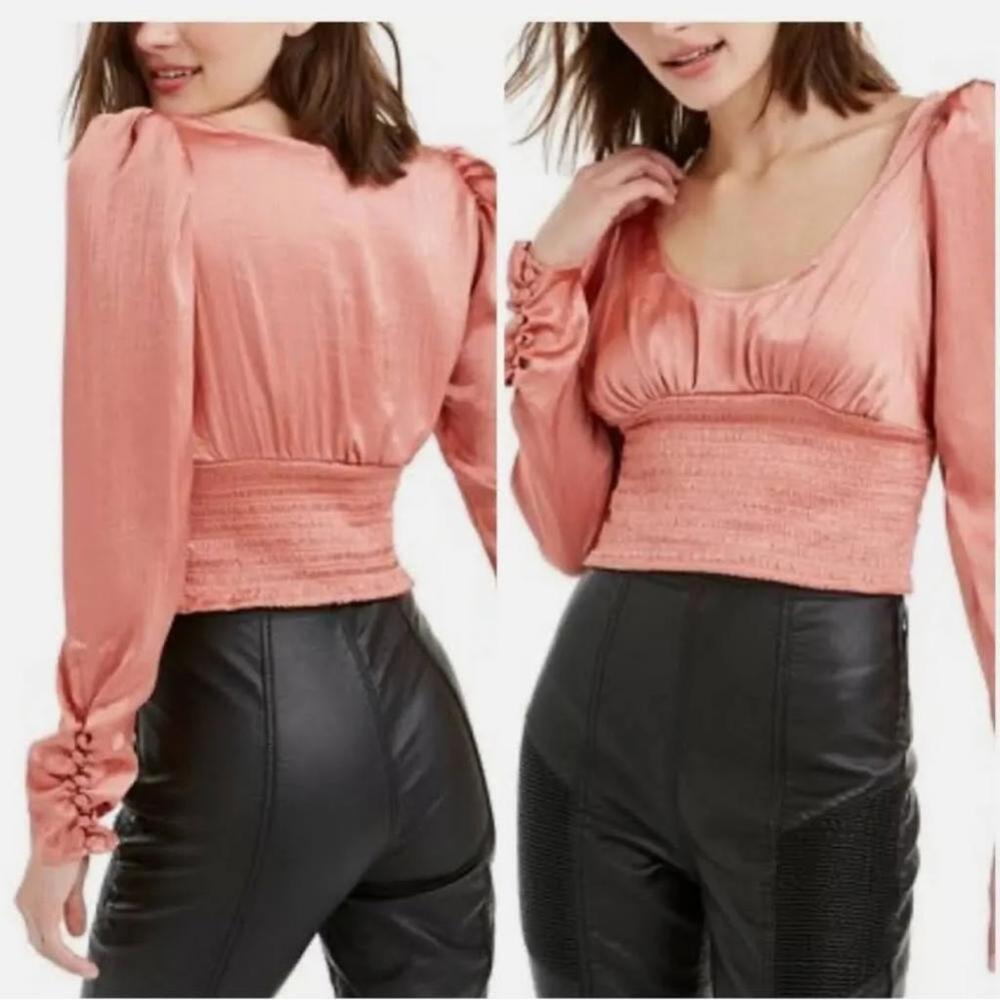 Free People Santiago blouse in Pink Cinnamon long sleeve satin top Size XL